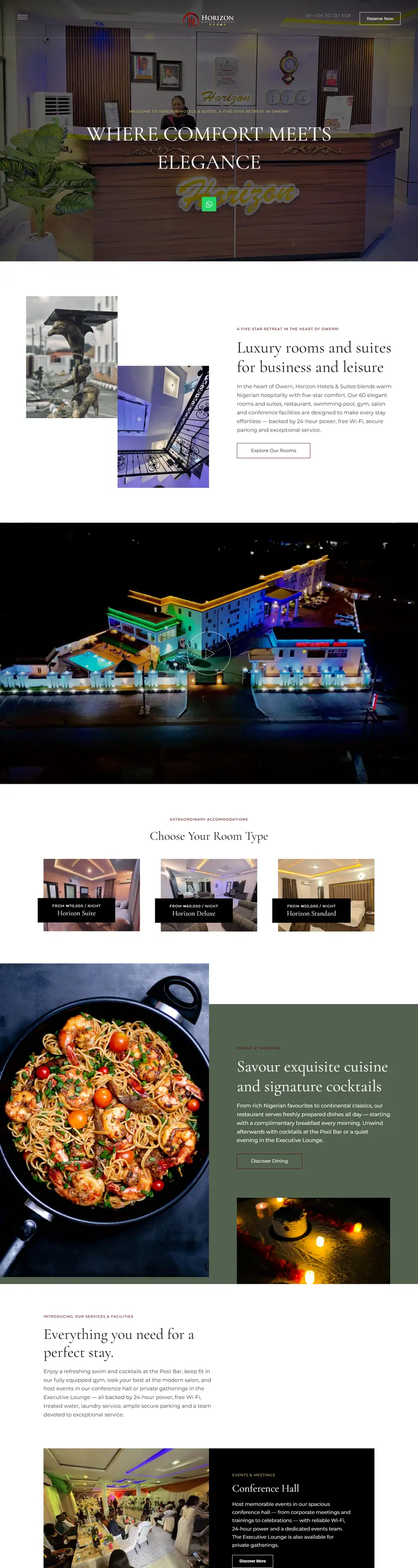 The Horizon Hotels & Suites website scrolling from the lobby to rooms, dining and the conference hall