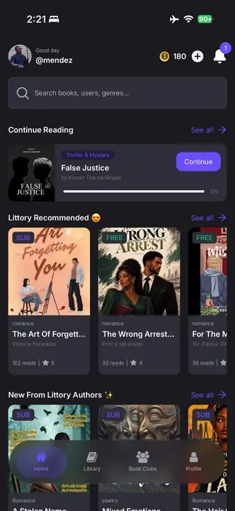 Littory home screen in dark mode