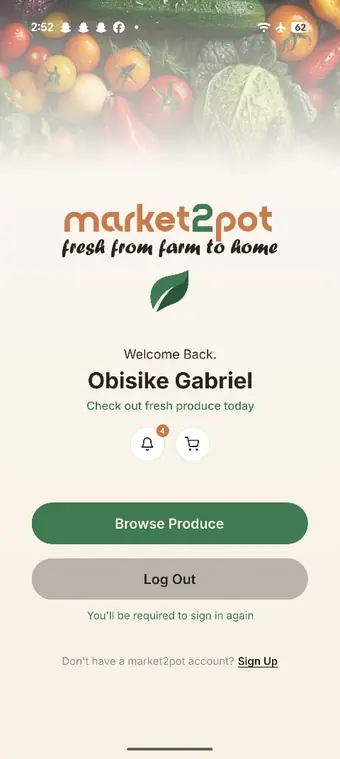 Market2pot welcome screen with browse produce