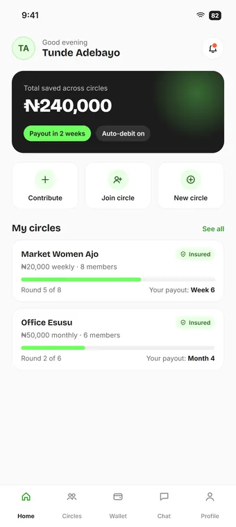UniPurse home: total saved and savings circles