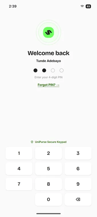 UniPurse PIN sign-in with the secure keypad